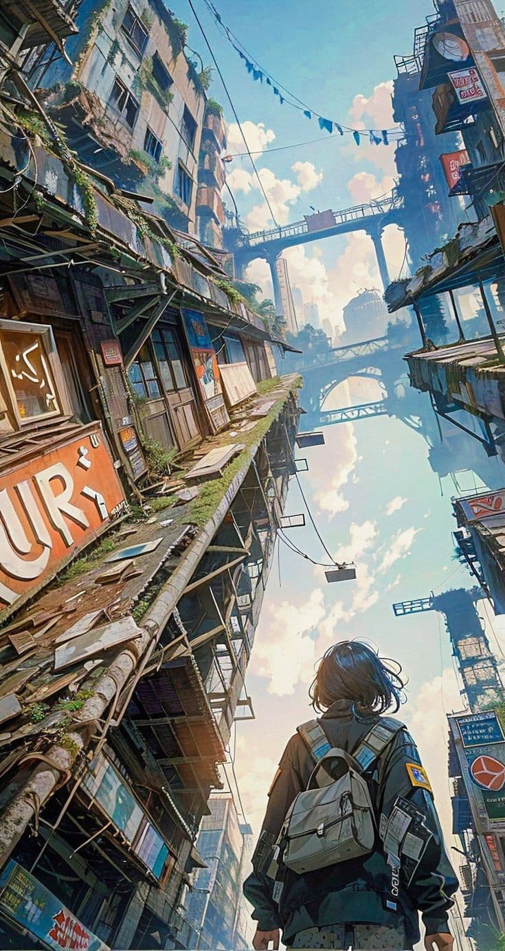 Anime style city view with character